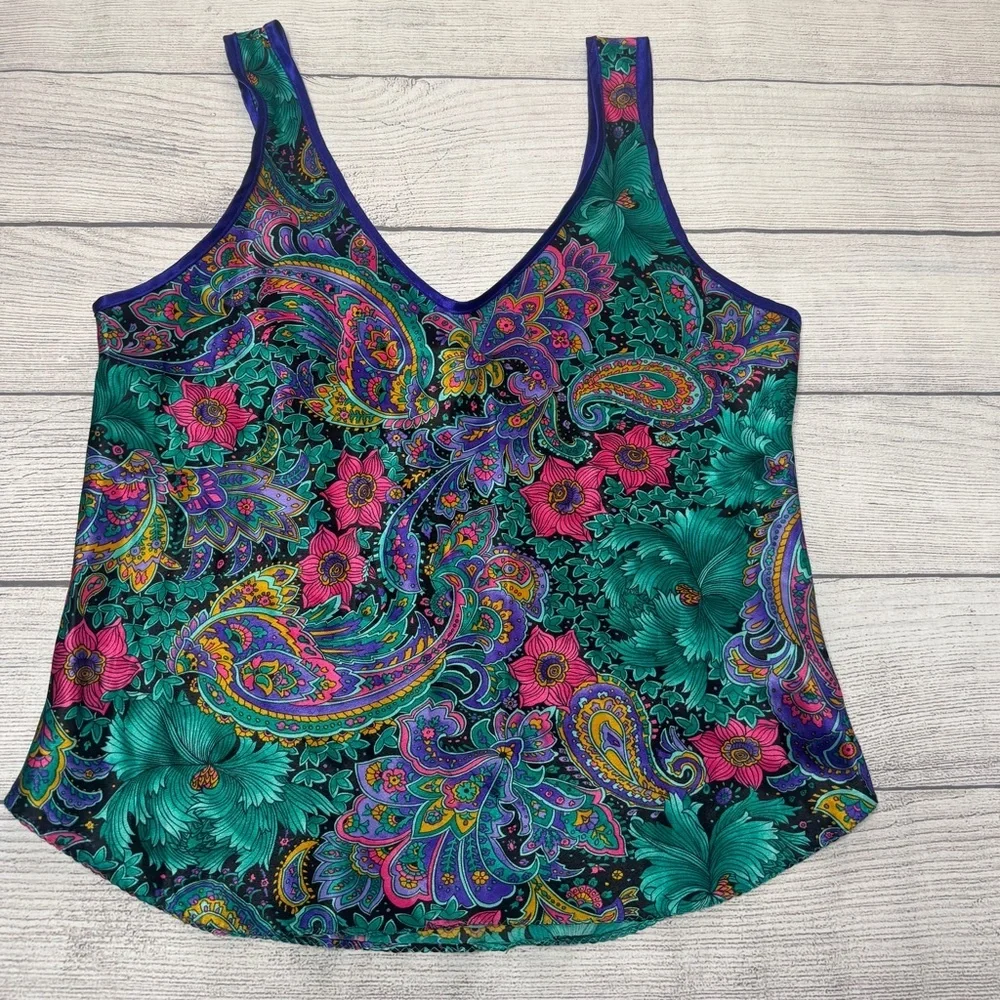 California Dynasty Vintage Floral Paisley Satin Pajama Set Shorts Tank Small USA